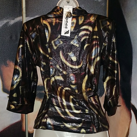 Tatyana CAT EYE SNAKE Jacket Bettie Page Stretch Gold Brown Vegan Leather Bolero - Picture 7 of 8